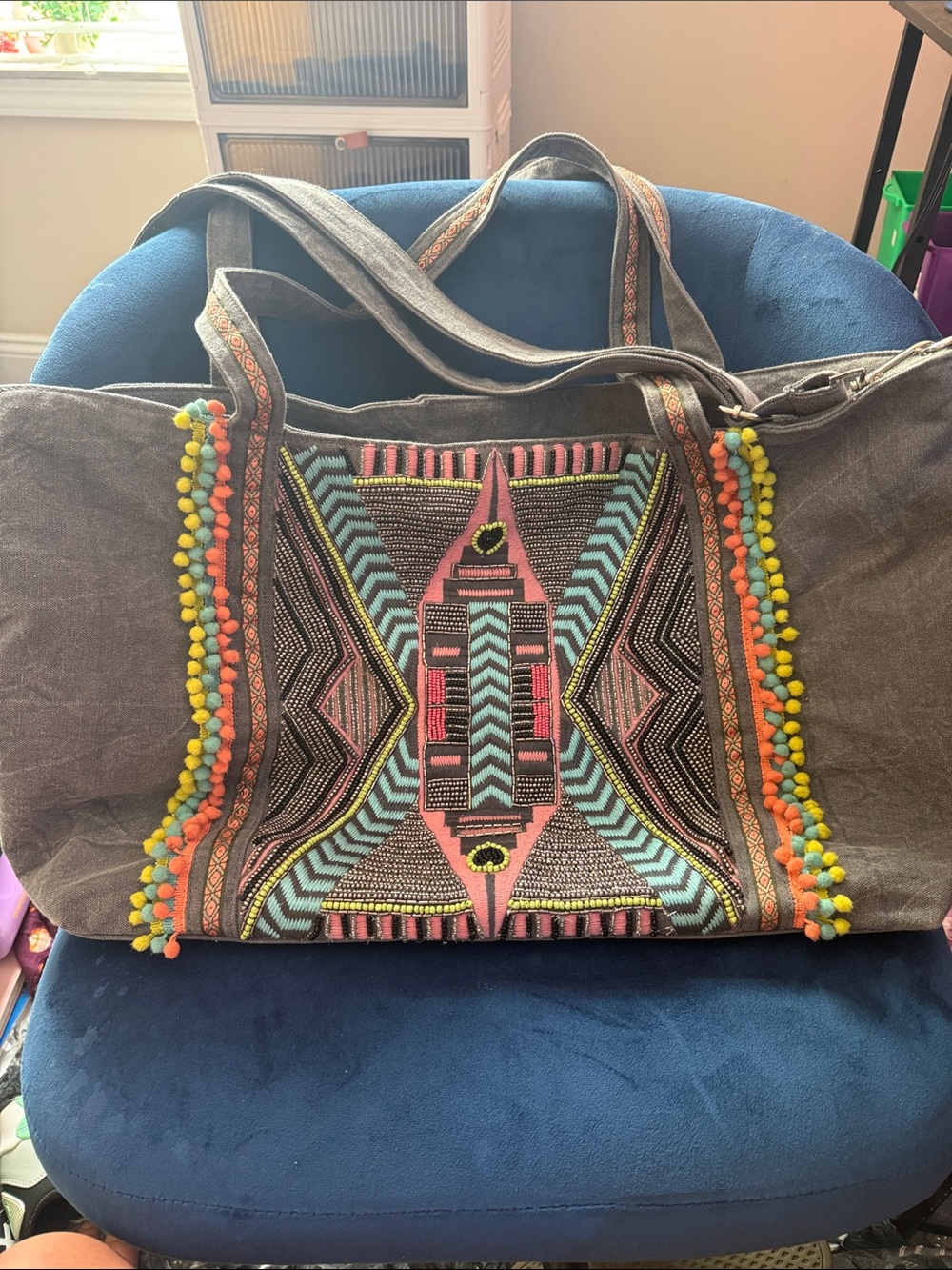 Embroidered Gray Canvas Tote with Pink & Turquoise Accents